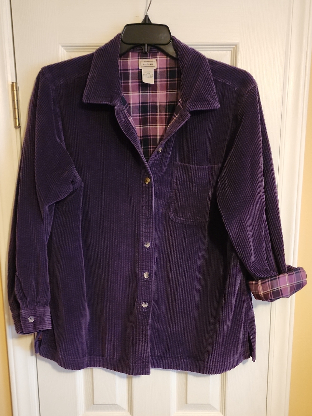 L.L. Bean Deep Purple Corduroy Button-Down Flannel Lined Shirt Women's Top Sz L